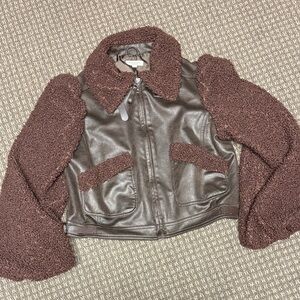 Max Studio Brown Faux Leather and Fleece Jacket sz L
